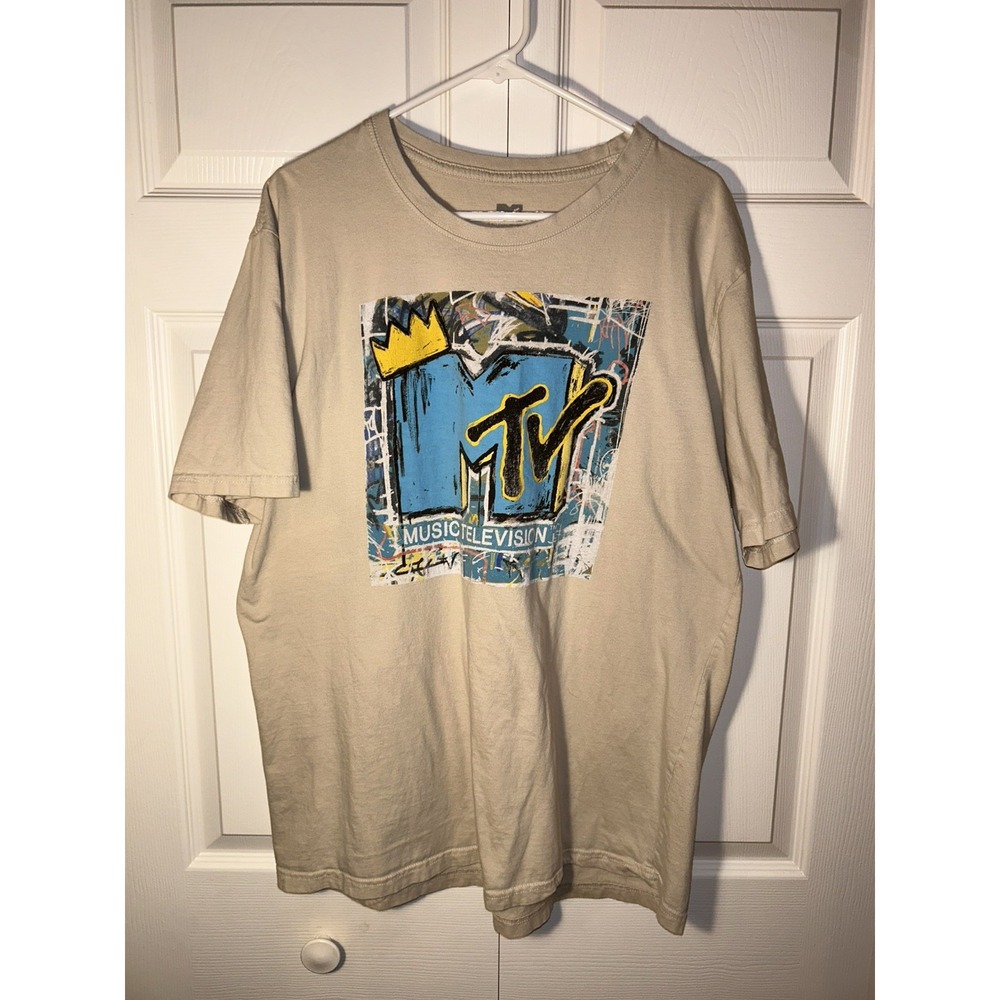 MTV Vintage Style Graffiti Graphic T-Shirt Mens 2XL Beige Streetwear Music Pop - Picture 2 of 8